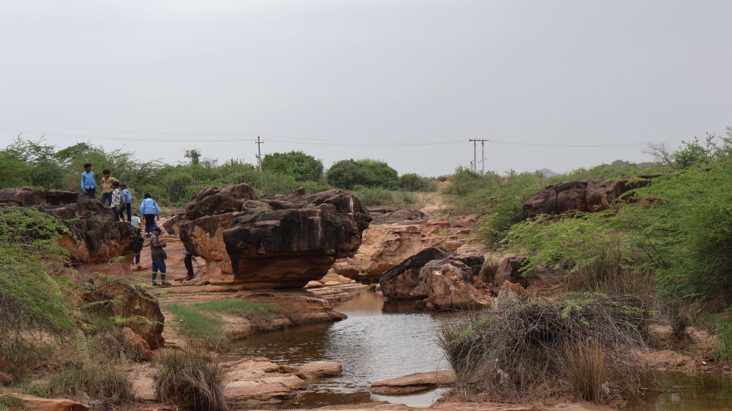 Students exploring weathered sandstone formations beside a seasonal stream
