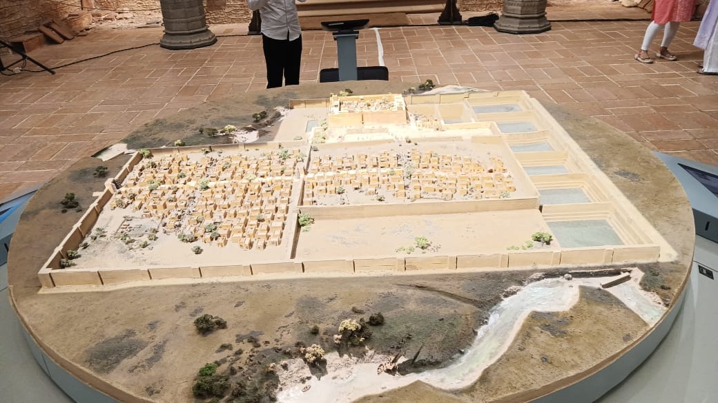 Close-up of a Harappan city model showing streets, reservoirs and the citadel