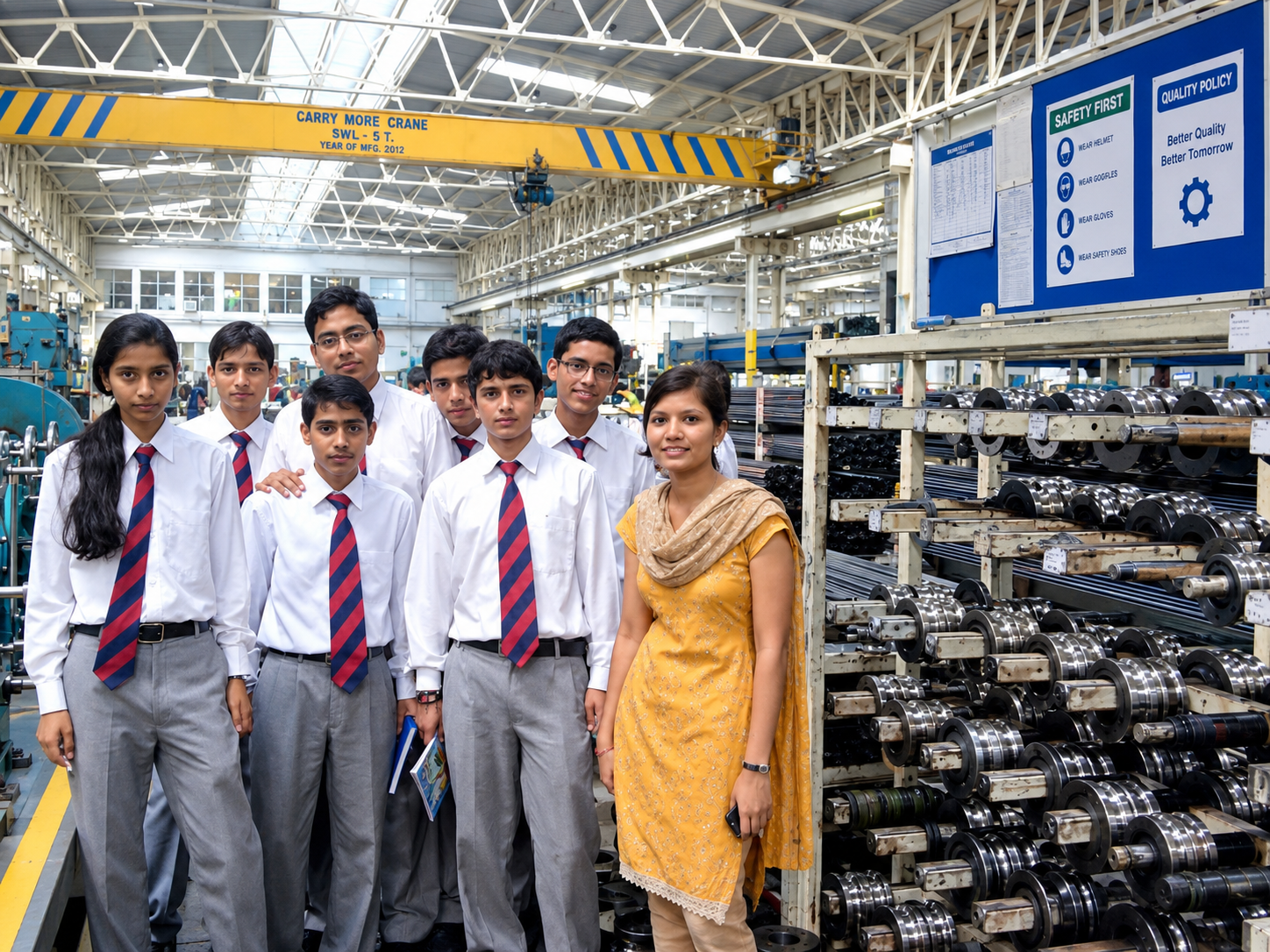 Students with a facilitator on a factory floor during a project visit