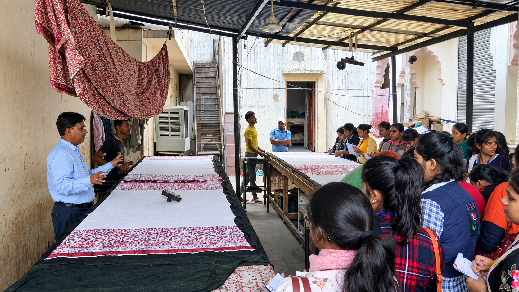 Students learning block printing at a textile workshop