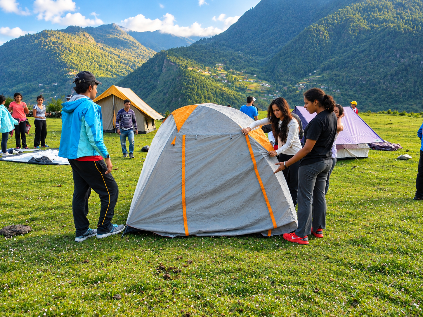 Students pitching tents at an outbound campsite