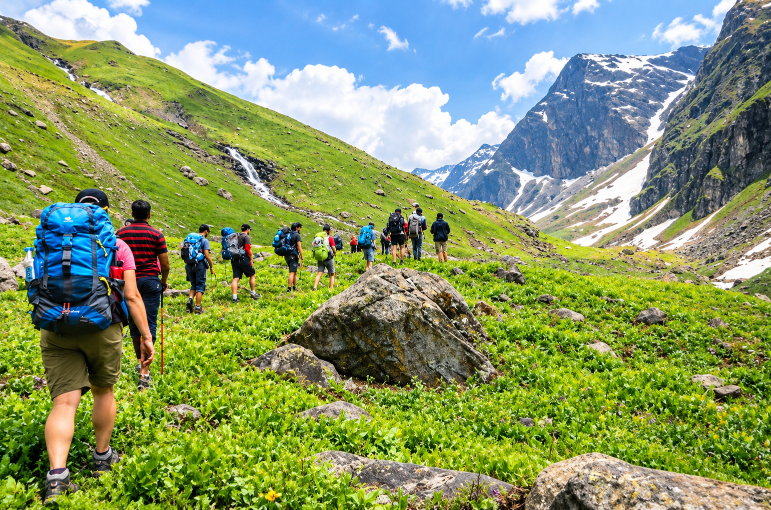 Students trekking through a Himalayan valley