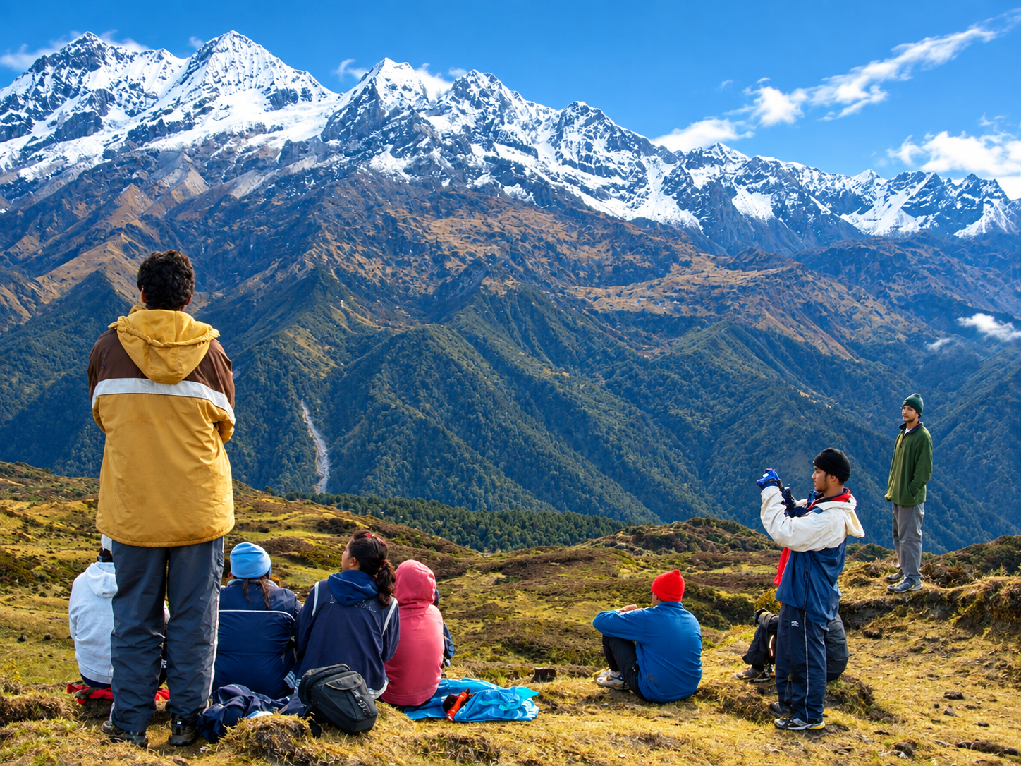 Students pausing with a view of snow peaks