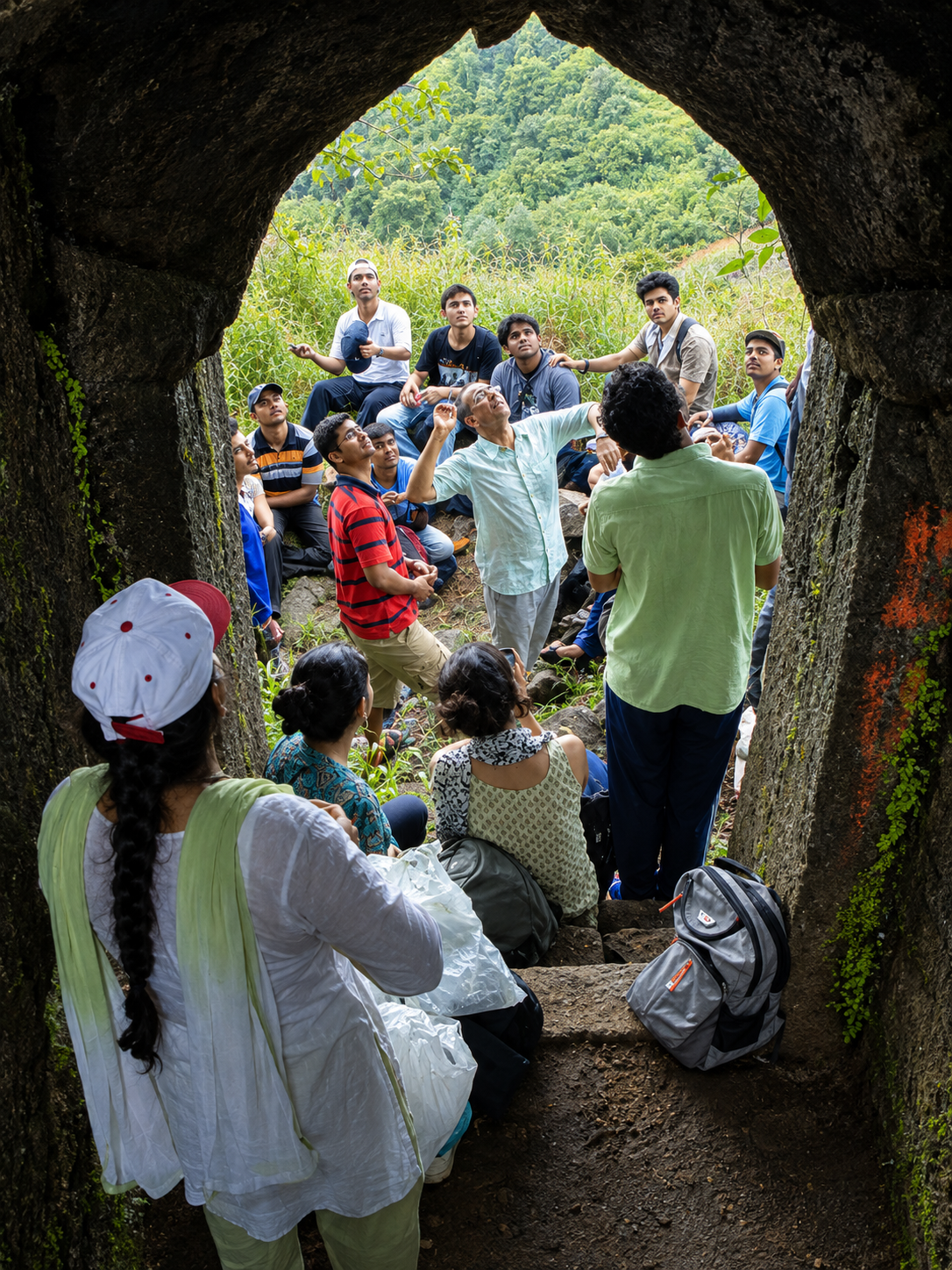 Students gathered at a fort gateway with a facilitator