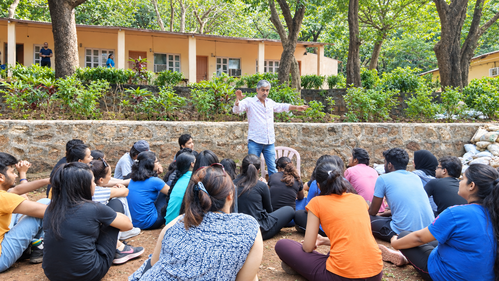 A facilitator briefing students during an outbound module