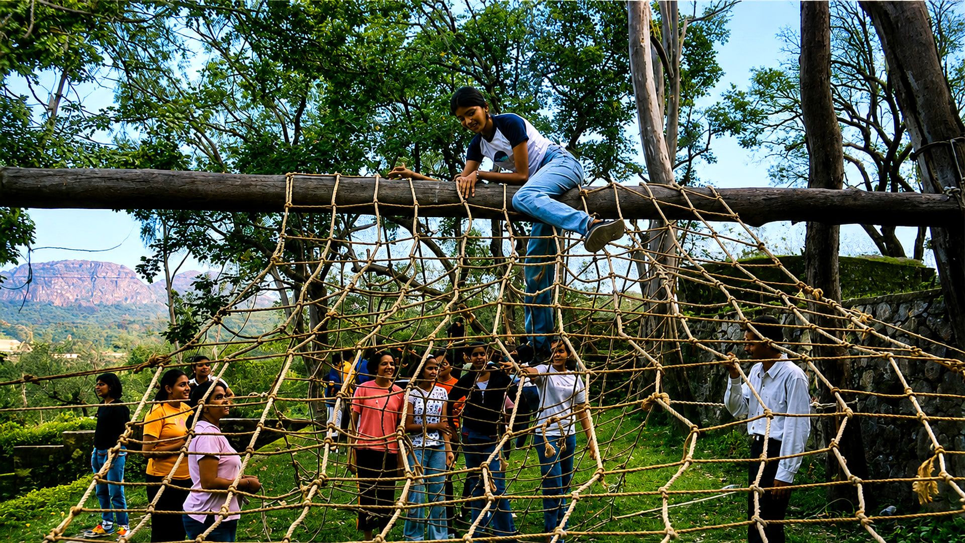 A student on a rope net obstacle course with instructors present